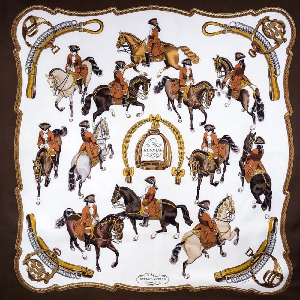 RARE Vintage Hermes Reprise Horse Silk Scarf- Brown